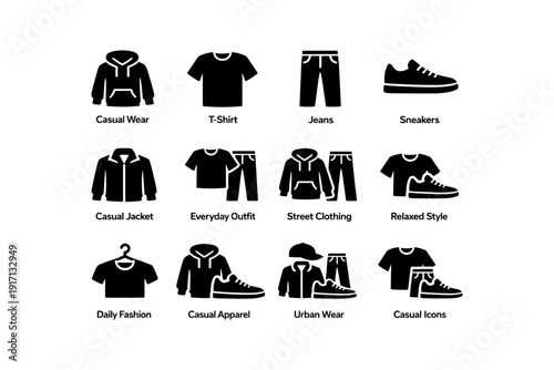 Casual fashion icons featuring jackets, t-shirts, jeans, and sneakers