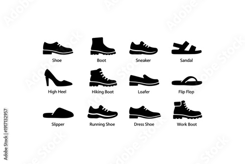 Diverse footwear silhouettes: sneakers, sandals, high heels, boots, loafers
