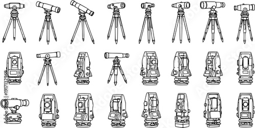 Outline Icons: Surveying Instruments, Total Stations, Theodolites, and Telescopes on Tripods. Engineering, Construction, Architecture Tools Line Art