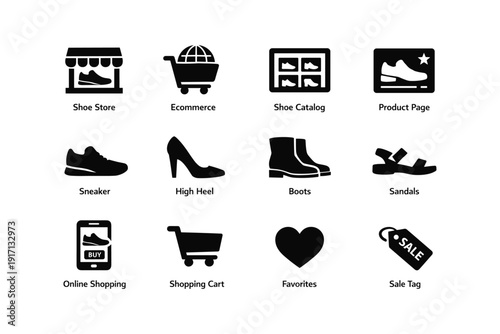 Shoe shopping icons for ecommerce: sneaker, high heel, boots, sandals, online cart, sale tag