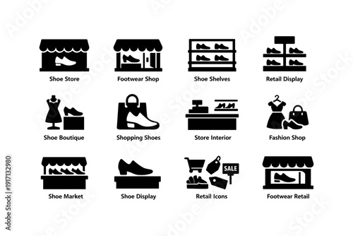 Shoe store icons set: market, boutique, shelves, display, shopping
