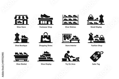 Shoe store icons: display, boutique, market, shopping, retail, fashion shop