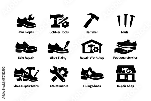Shoe repair icons set with cobbler tools, hammer, and repair shop symbols for footwear maintenance