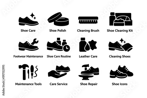 Shoe care icons: polish, brush, kit maintenance for footwear protection