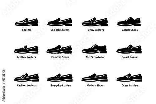Variety of men's loafers and casual shoes: styles and types illustrated