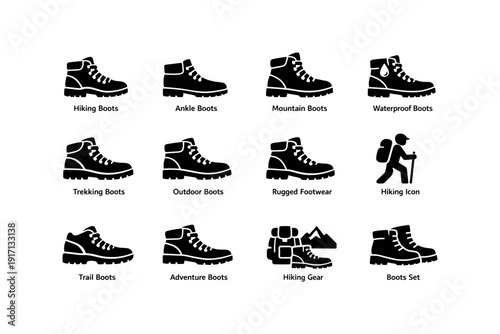 Collection of hiking and outdoor boots icons featuring various styles and hiking gear