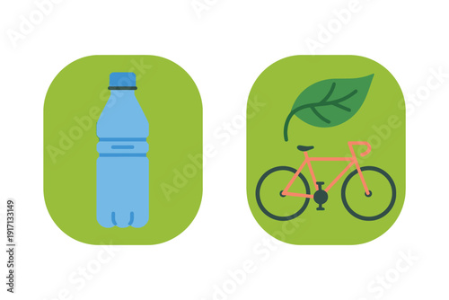 Plastic bottle and bicycle icons suggest themes of recycling and sustainable.