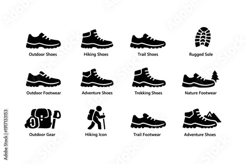 Outdoor and hiking shoe icons set with adventure gear symbols