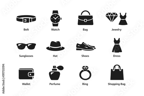 Fashion icon set: belt, watch, bag, jewelry, sunglasses, hat, shoes, dress, wallet, perfume, ring, shopping bag