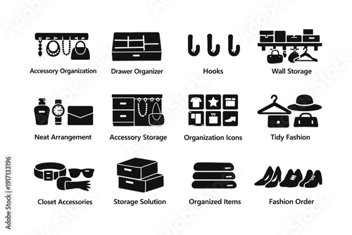 Efficient storage solutions icons for organizing accessories and clothing