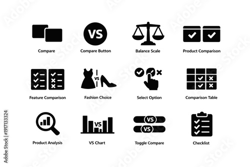 Comparison icons: product, scale, vs symbol, checklist, analysis