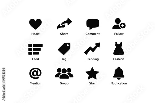 Social media icons set including heart, share, comment, follow, and more