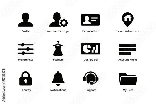 Icon set for profile and account management in user interface design