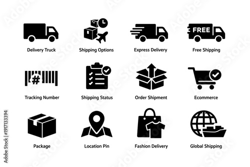 Delivery icons: tracking, shipping, ecommerce, global and local transportation