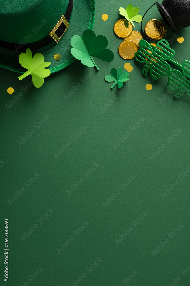 Fototapeta premium A vertical festive St. Patrick's Day greeting scene featuring a leprechaun hat, paper shamrocks and chocolate gold coins arranged on a deep green backdrop for holiday cards and seasonal promotions