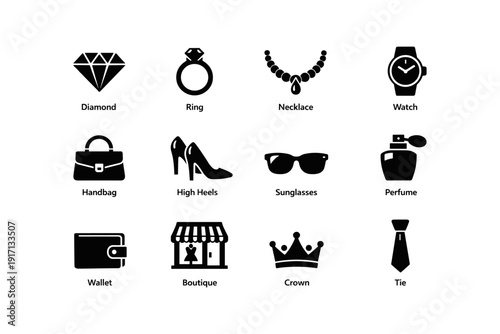 Collection of fashion and luxury icons featuring jewelry, accessories, and fashion items