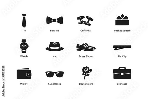 Assorted men's fashion accessories: ties, shoes, sunglasses, and more icons
