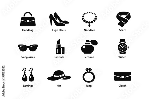 Fashion accessories icons: handbag, high heels, necklace, scarf, and more