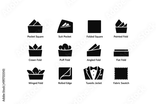 Collection of suit pocket fold styles and tuxedo jacket icons