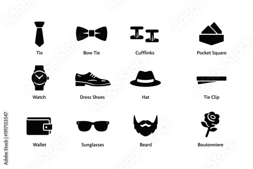 Men's accessories icons: tie, bow tie, cufflinks, hat – stylish essentials