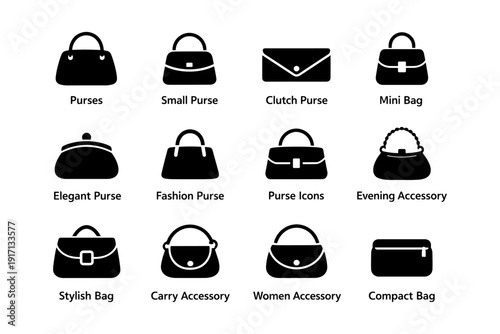 Collection of stylish purses and bags icons for fashion accessories