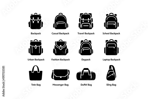 Variety of backpacks and bags: casual, travel, school, urban styles