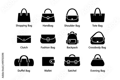 Various bag silhouettes: shopping, handbag, shoulder, tote, clutch, fashion, backpack, crossbody, duffel, wallet, satchel, evening