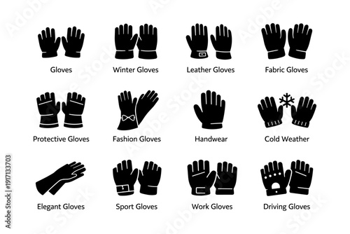 Diverse collection of gloves: types and functions illustrated in icon set