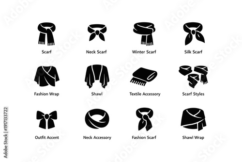 Various scarf and wrap styles icons: fashion accessory designs