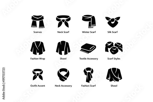 Scarf and shawl icons set: styles and fashion accessories