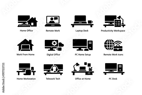 Home office and remote work icon set featuring digital and pc workstations