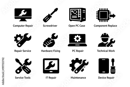 Computer repair icons: tools and services for pc maintenance