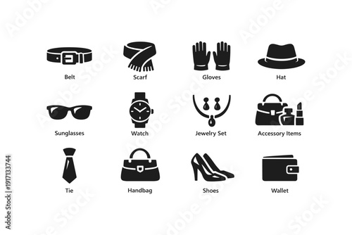 Collection of fashion accessories: belt, scarf, gloves, hat, and more