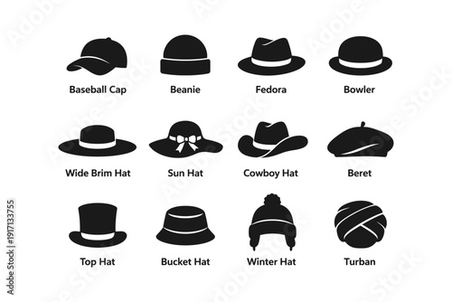 Variety of hat silhouettes: baseball cap, beanie, fedora, and more