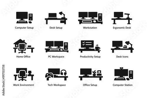 Variety of desk setups and workstations icons for different work environments