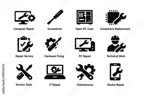 Computer repair and maintenance icons: tools, service, and technical work