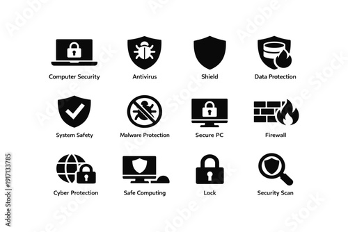 Cybersecurity icons: antivirus, shield, lock, firewall, system safety, data protection