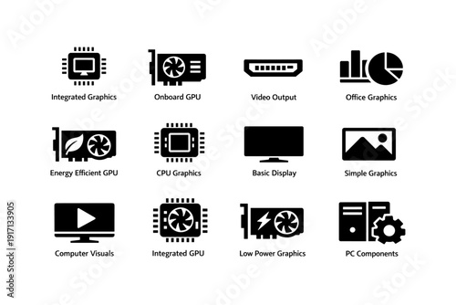 Computer graphics icons: integrated gpu, video output, cpu graphics, low power