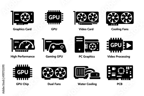 Computer hardware icons: graphics cards, gpu, cooling fans, and pc components