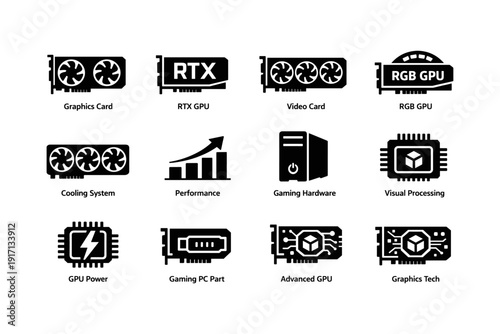 Graphics card icons: cooling system, gaming hardware, visual processing, performance