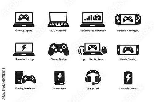 Gaming devices icons: laptop, keyboard, console, headset, power bank