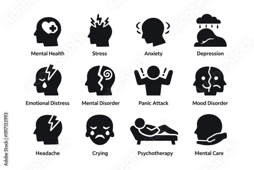 Mental health icons: anxiety, depression, therapy, stress, disorders illustrations