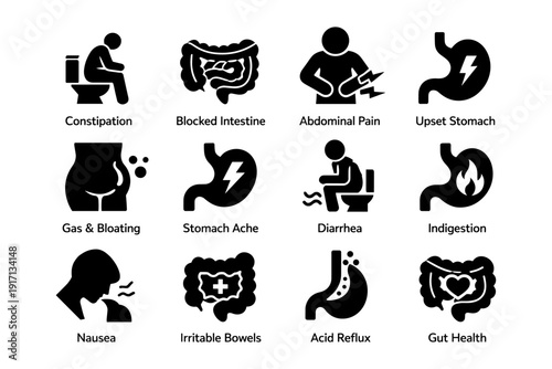 Digestive health icons: symptoms of constipation, indigestion, nausea, bloating, and more