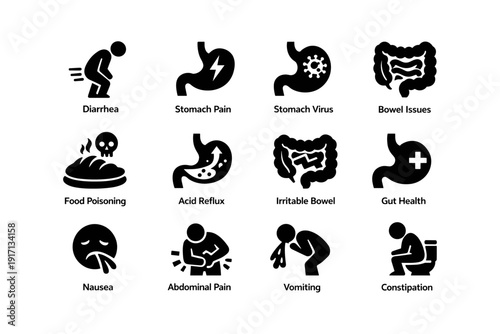 Icons of digestive health issues: diarrhea, stomach pain, virus, bowel issues, food poisoning