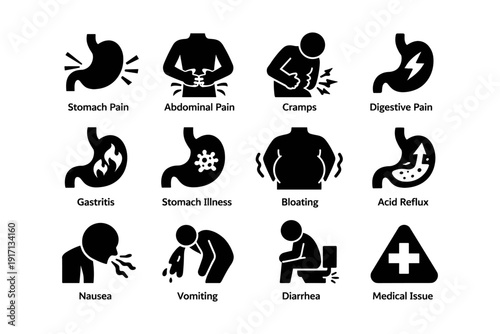 Illustration of digestive symptoms: pain, gastritis, nausea, diarrhea, reflux