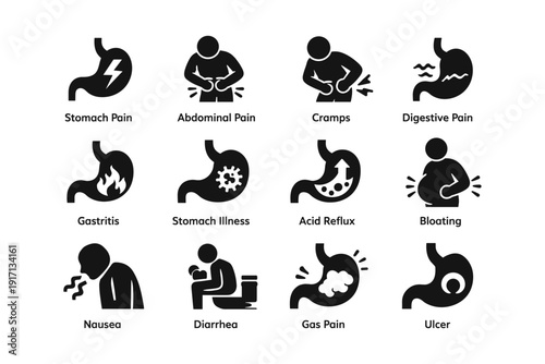 Digestive system icons illustrating stomach discomfort and illness symptoms
