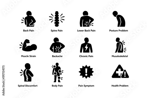 Icons illustrating various musculoskeletal and pain symptoms
