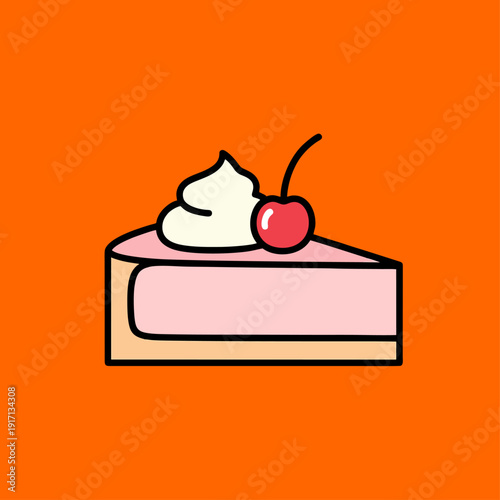 A delicious slice of cake topped with whipped cream and a cherry on an orange background