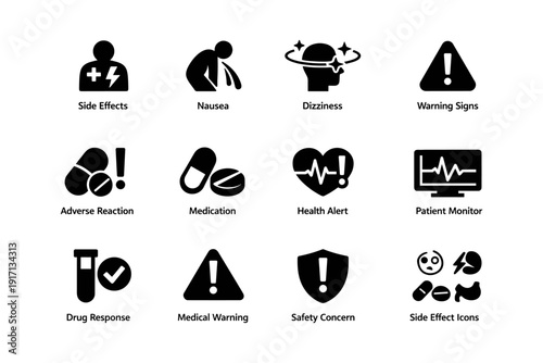 Medical alert icons: side effects, nausea, dizziness, warning signs, health monitoring