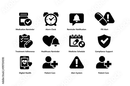 Healthcare icons: medication, alarm, pill alert, adherence, digital health care